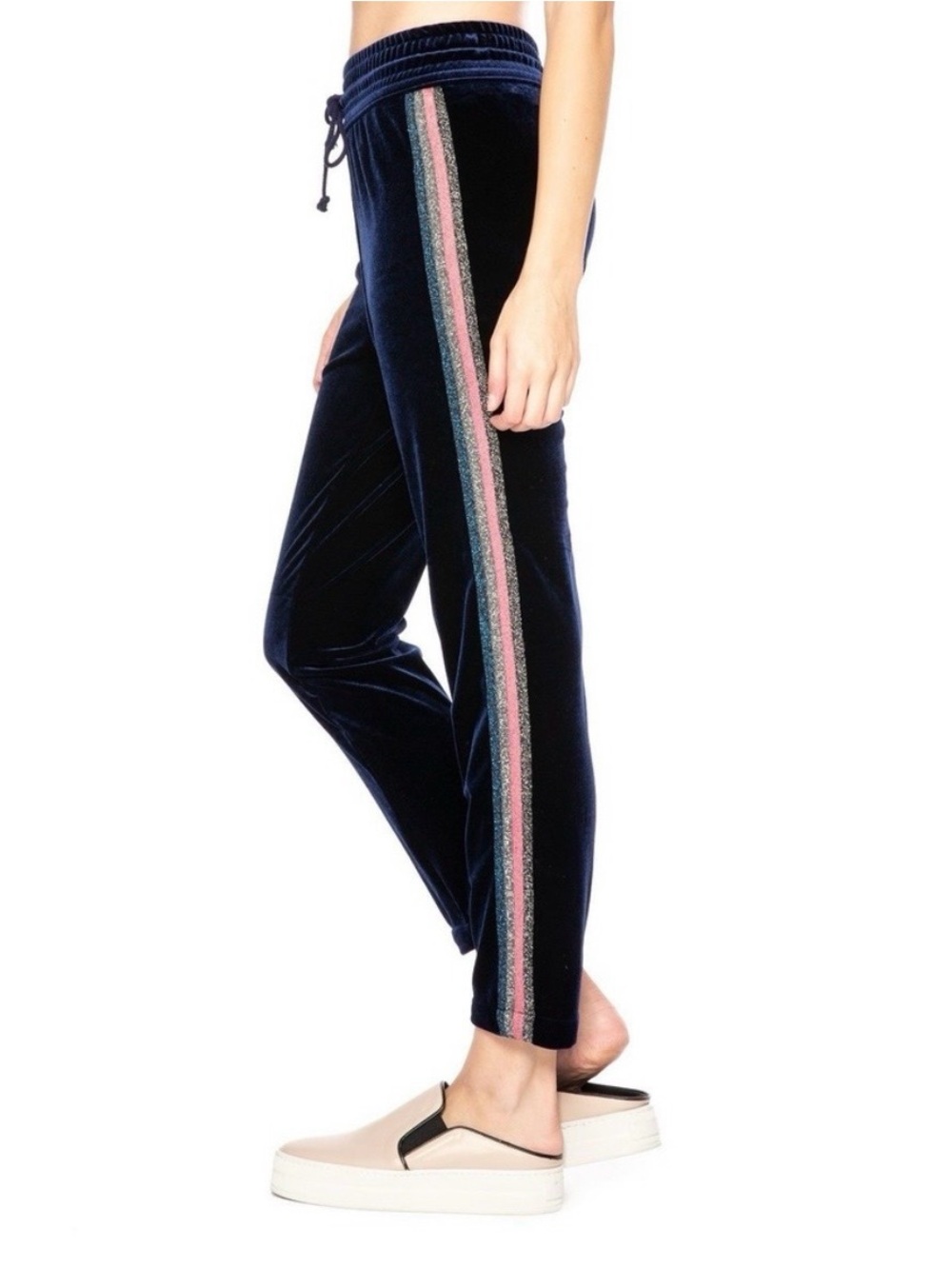 MOTHER The Lounger Ankle Navy Velvet Joggers Drawstring Racer Stripes XS